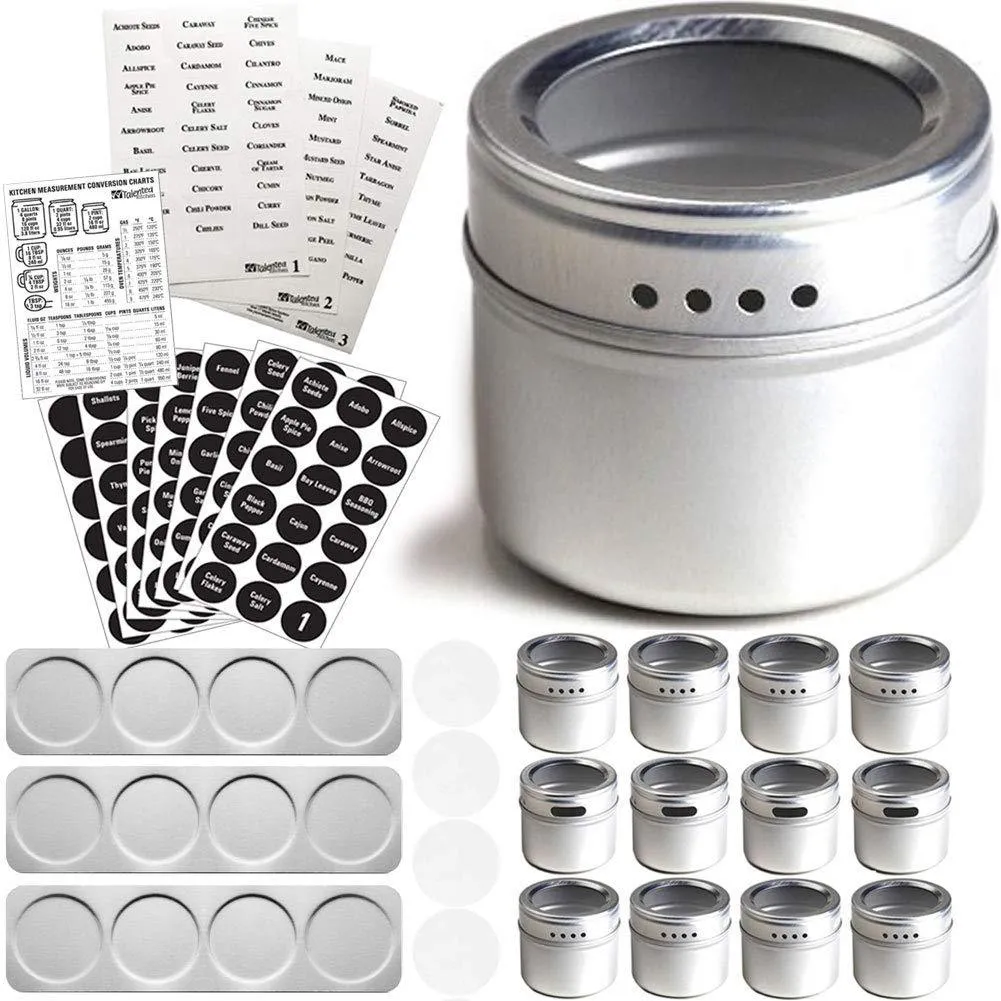 12 Magnetic Spice Tins & 2 Types of Spice Labels, Authentic by Talented Kitchen. 12 Storage Spice Containers, Window Top w/Sift-Pour. 113 Clear & 126