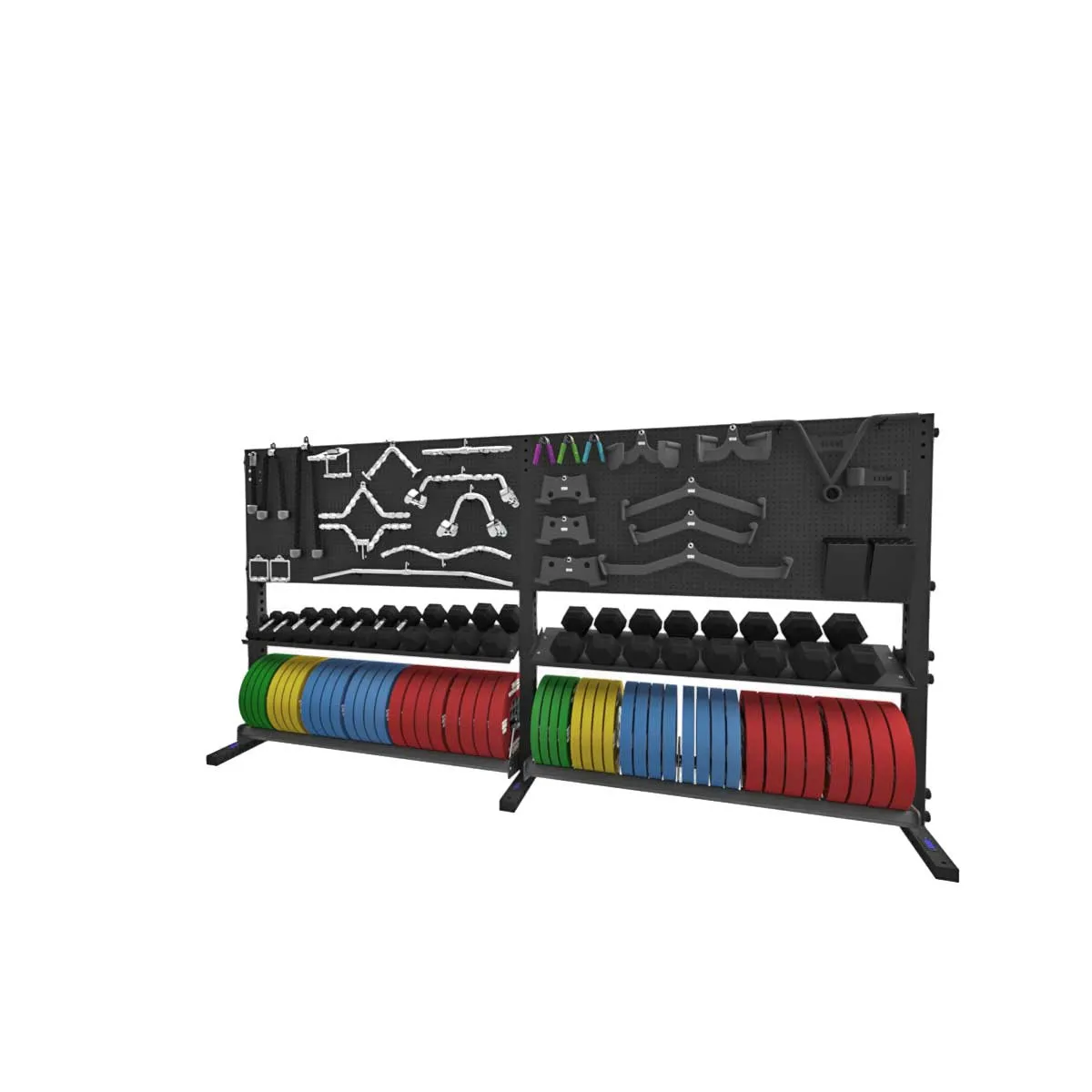 1RM Double Dumbbell and Bumper Shelves with Pegboard Storage Rack