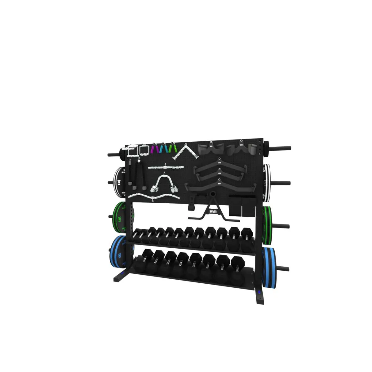 1RM Dumbbell Shelves with Pegboard and Plate Storage Rack