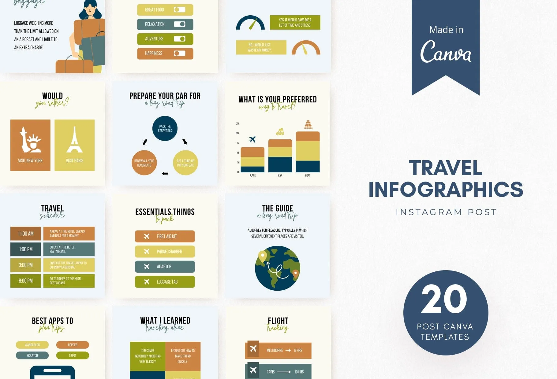 20 Travel Infographics Instagram Engagement Posts Fully Editable Canva Templates