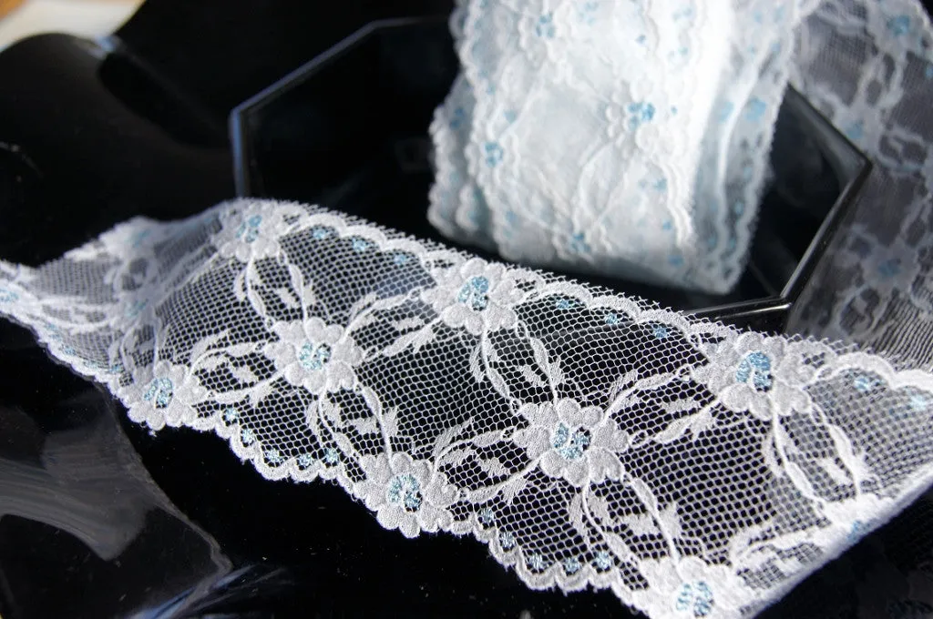 2" Crisscross Floral Lace Trim - Blue / White