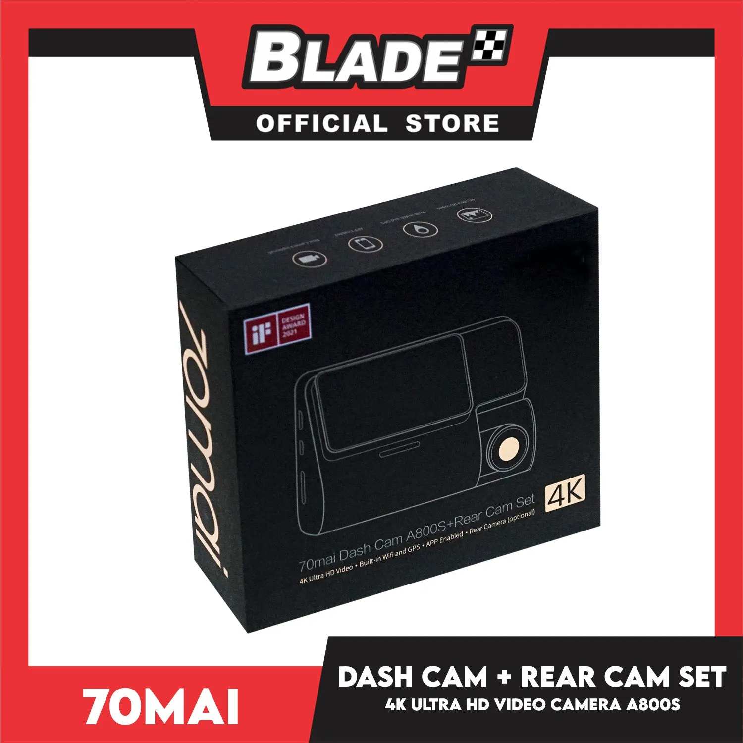 70mai Dash Cam 4K A800S   Rear Cam Set 3840 x 2160 Resolution (Black) 4K Ultra HD Video, Built-In Wifi And GPS , App Enabled, Rear Camera