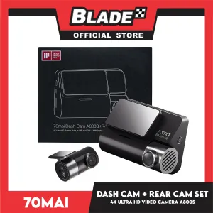 70mai Dash Cam 4K A800S   Rear Cam Set 3840 x 2160 Resolution (Black) 4K Ultra HD Video, Built-In Wifi And GPS , App Enabled, Rear Camera