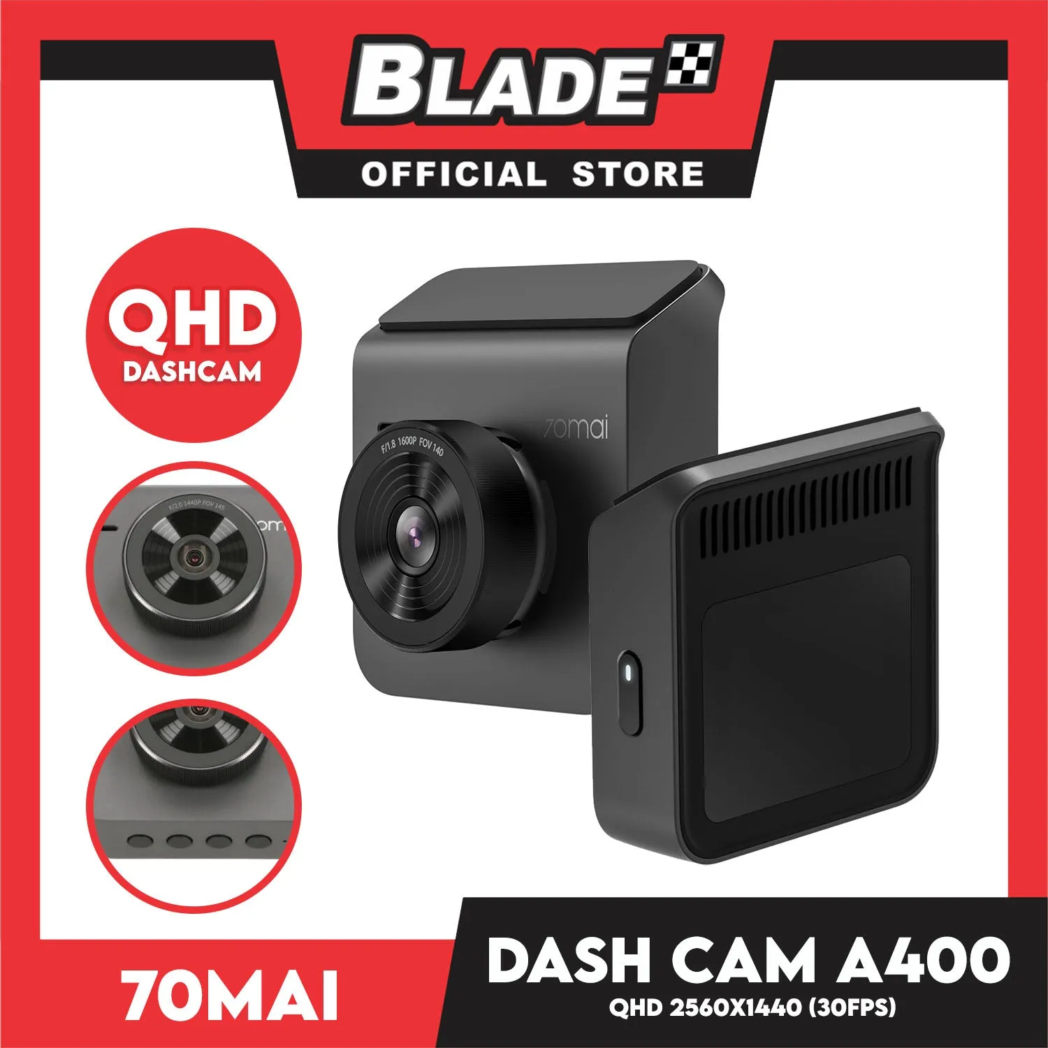 70Mai Dash Cam A400 (Gray) 1440P Quad HD   145 Field of View, 24H Parking Surveillance