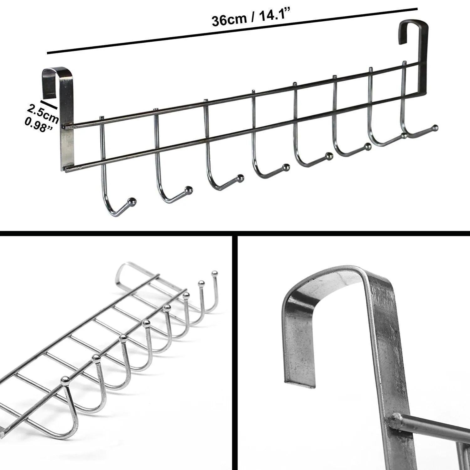 8 Double Hook Over The Door Hanger by Kurtzy - Stainless Steel Organizer Rack For Coat, Towel, Bag, Hat or Robe - Polished Silver Chrome Finish - No Mounting or Fixings Required.