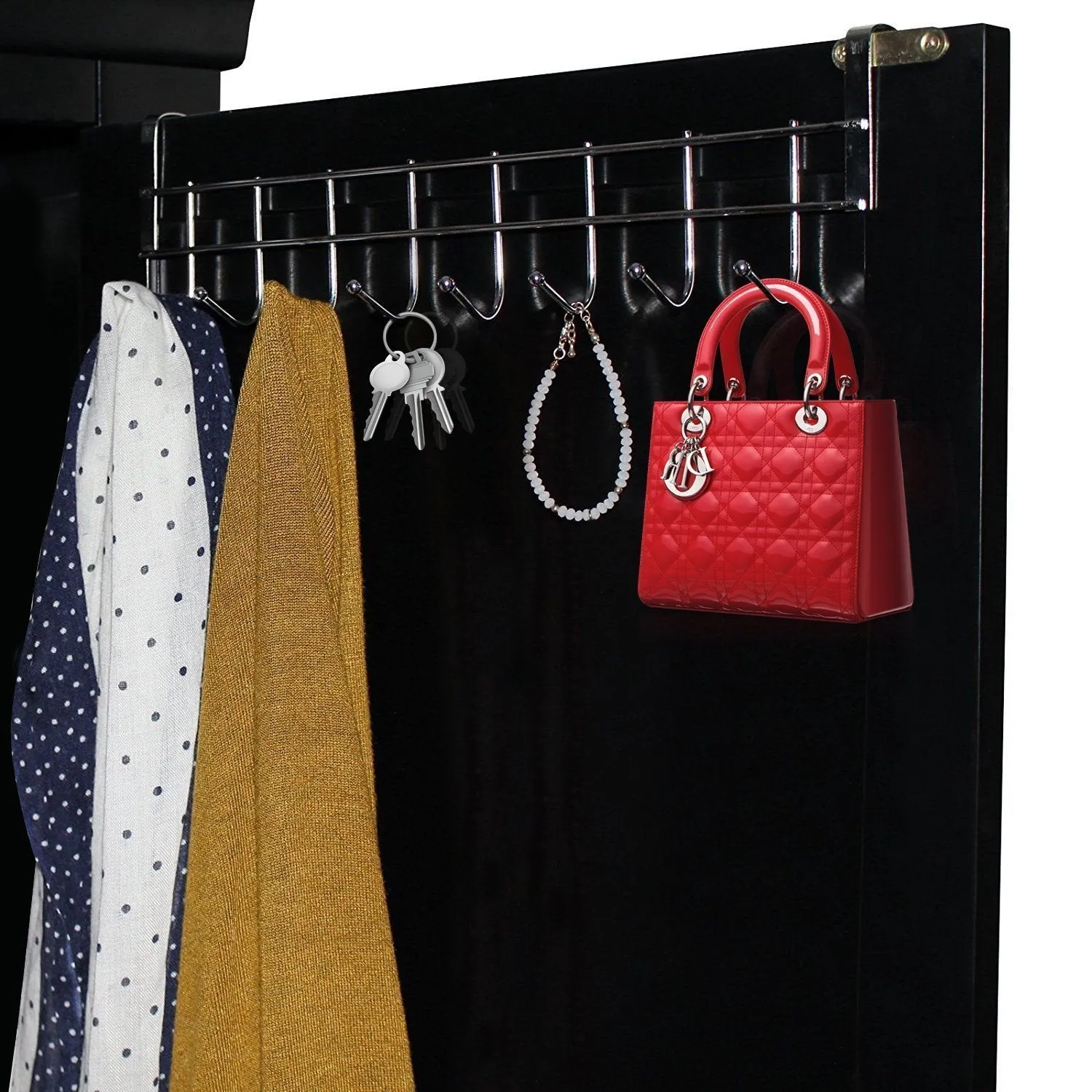 8 Double Hook Over The Door Hanger by Kurtzy - Stainless Steel Organizer Rack For Coat, Towel, Bag, Hat or Robe - Polished Silver Chrome Finish - No Mounting or Fixings Required.