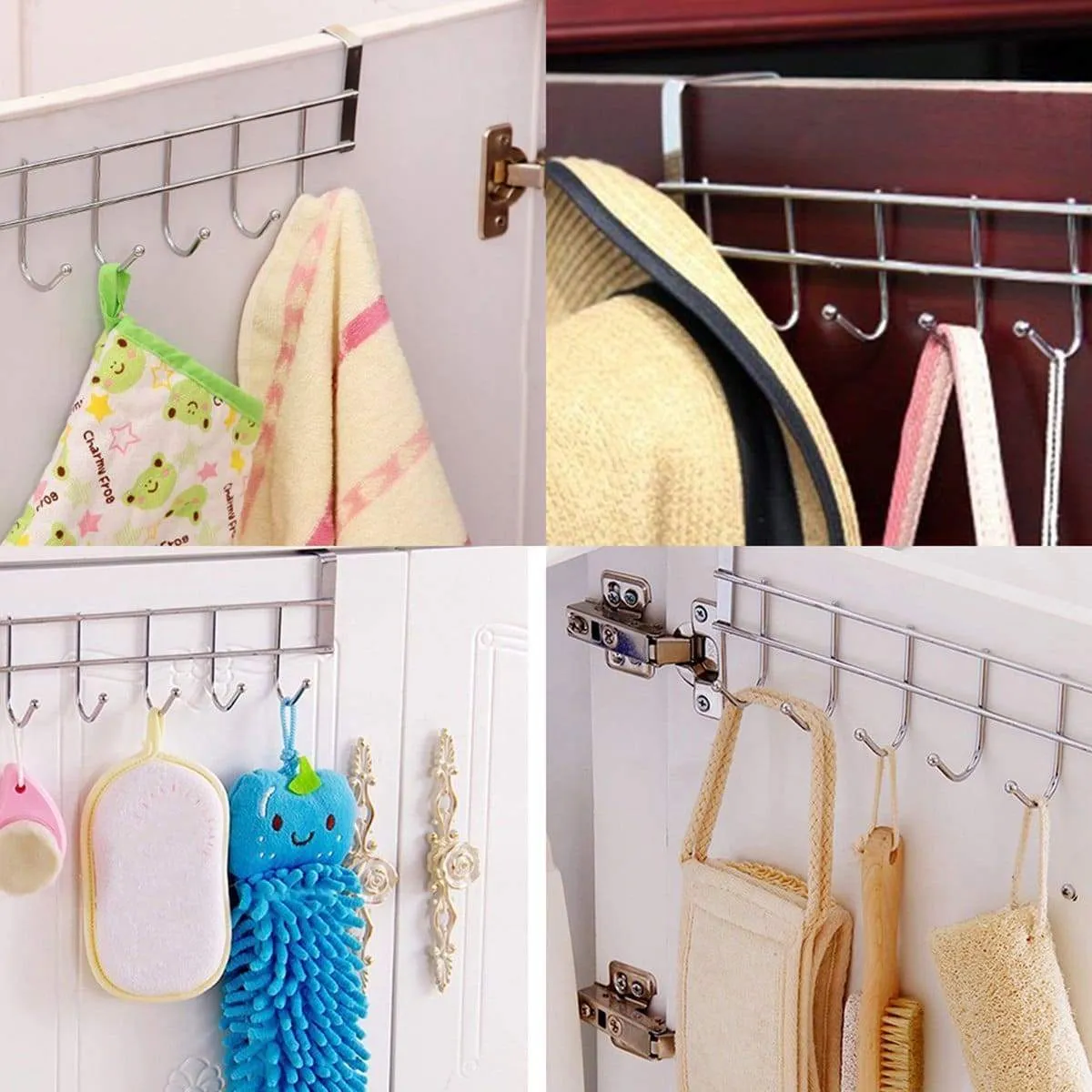 8 Double Hook Over The Door Hanger by Kurtzy - Stainless Steel Organizer Rack For Coat, Towel, Bag, Hat or Robe - Polished Silver Chrome Finish - No Mounting or Fixings Required.