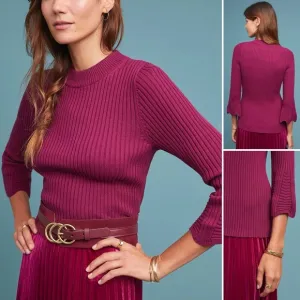 Anthropologie Michael Star Knit Sweater Pullover 3/4 Bell Sleeve Stretch