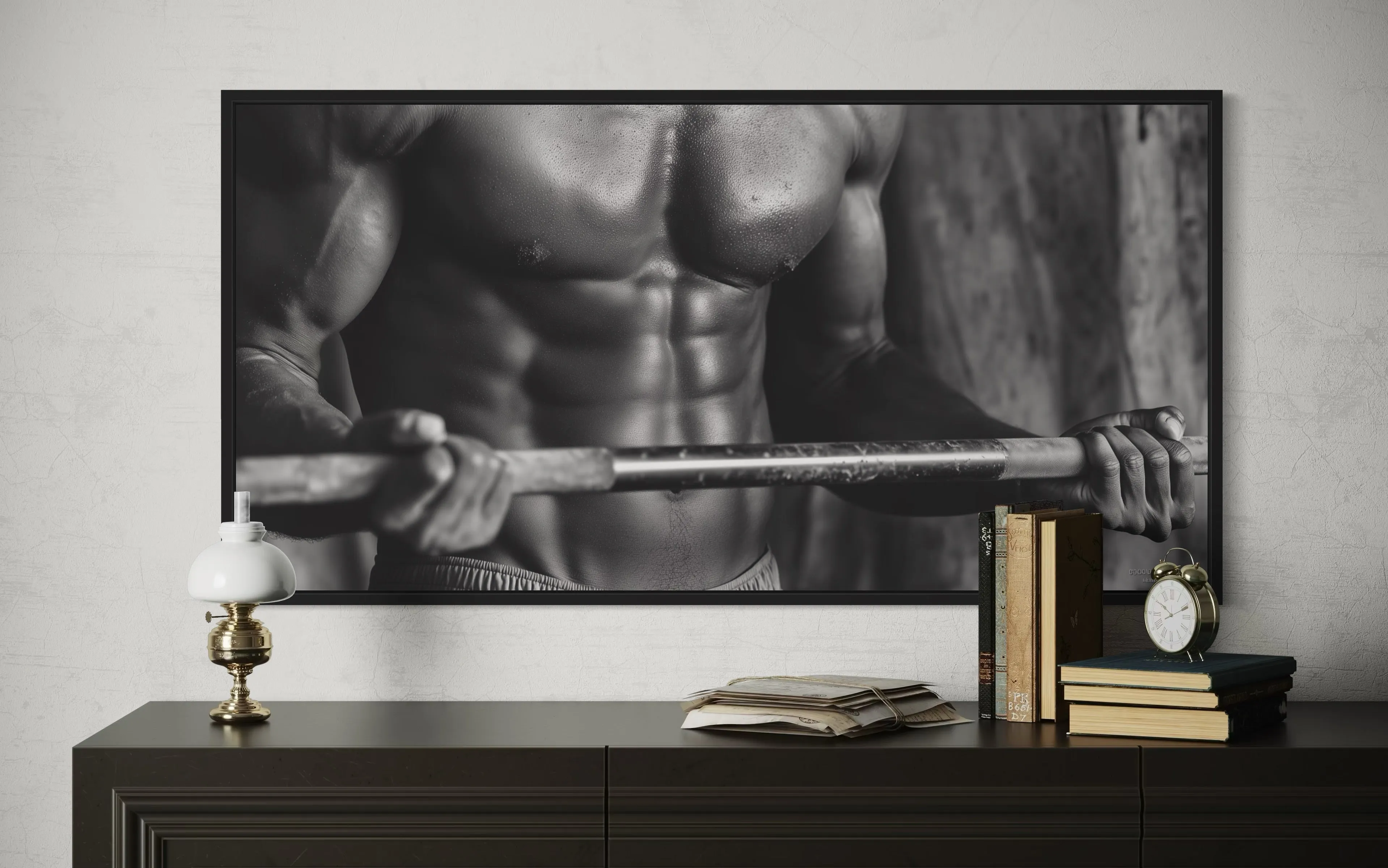Athletic Man Lifting Barbell Motivational Home Gym Framed Canvas Wall Art