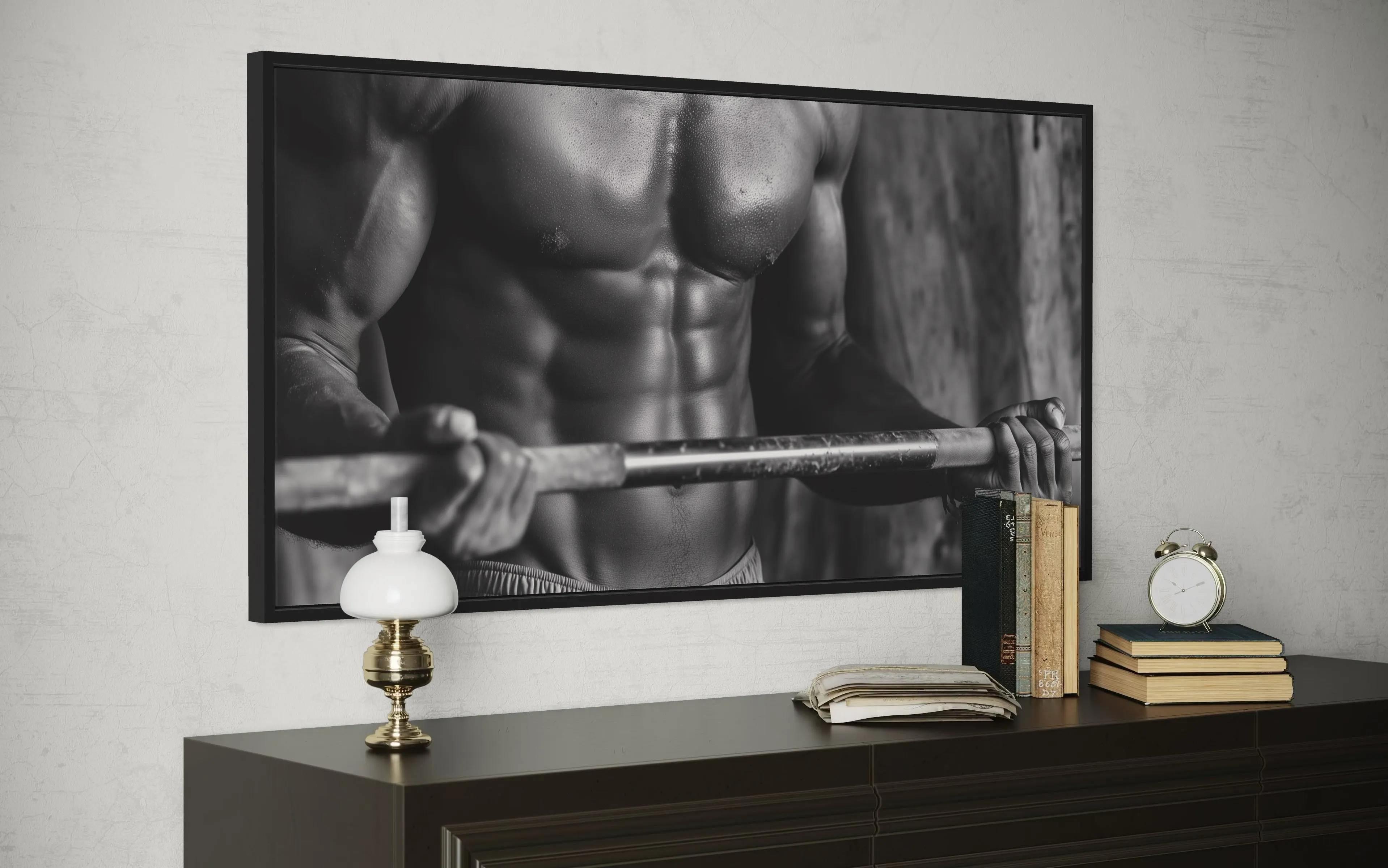 Athletic Man Lifting Barbell Motivational Home Gym Framed Canvas Wall Art