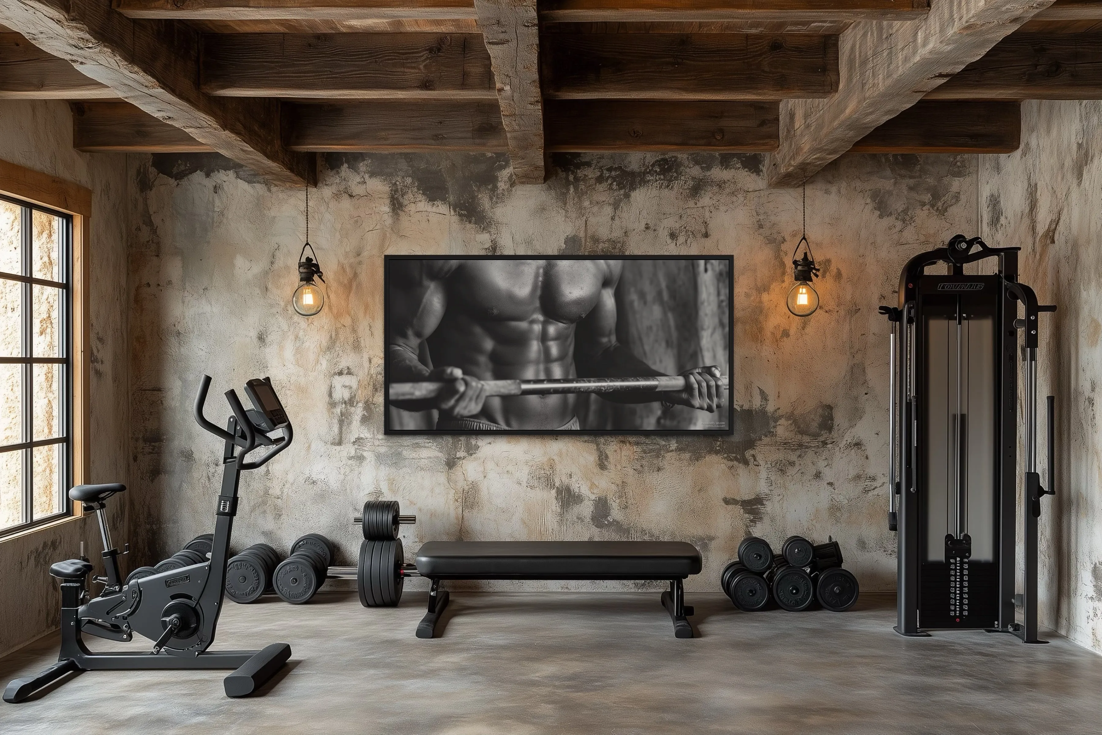 Athletic Man Lifting Barbell Motivational Home Gym Framed Canvas Wall Art