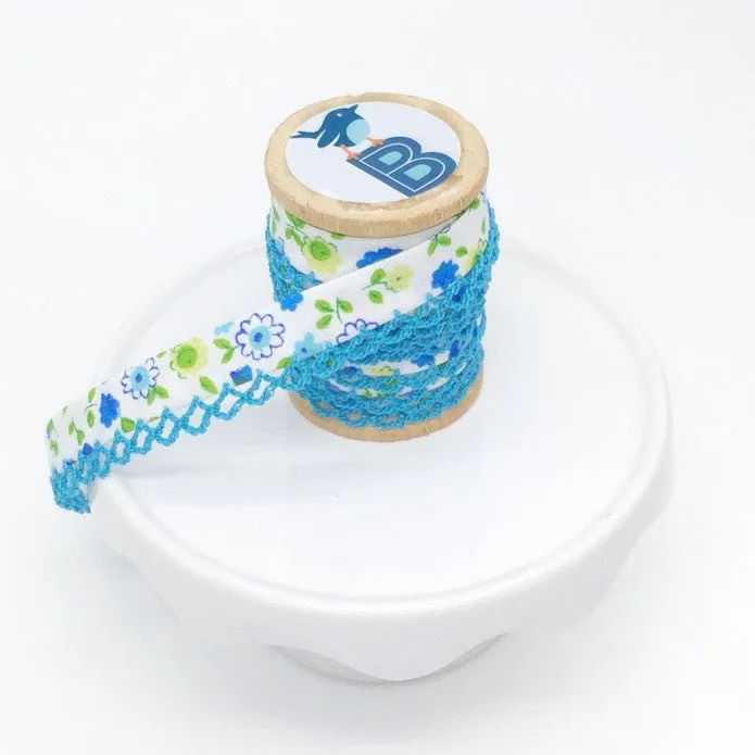 Bias Tape Double Fold Crocheted Edge in Regular Floral Turquoise