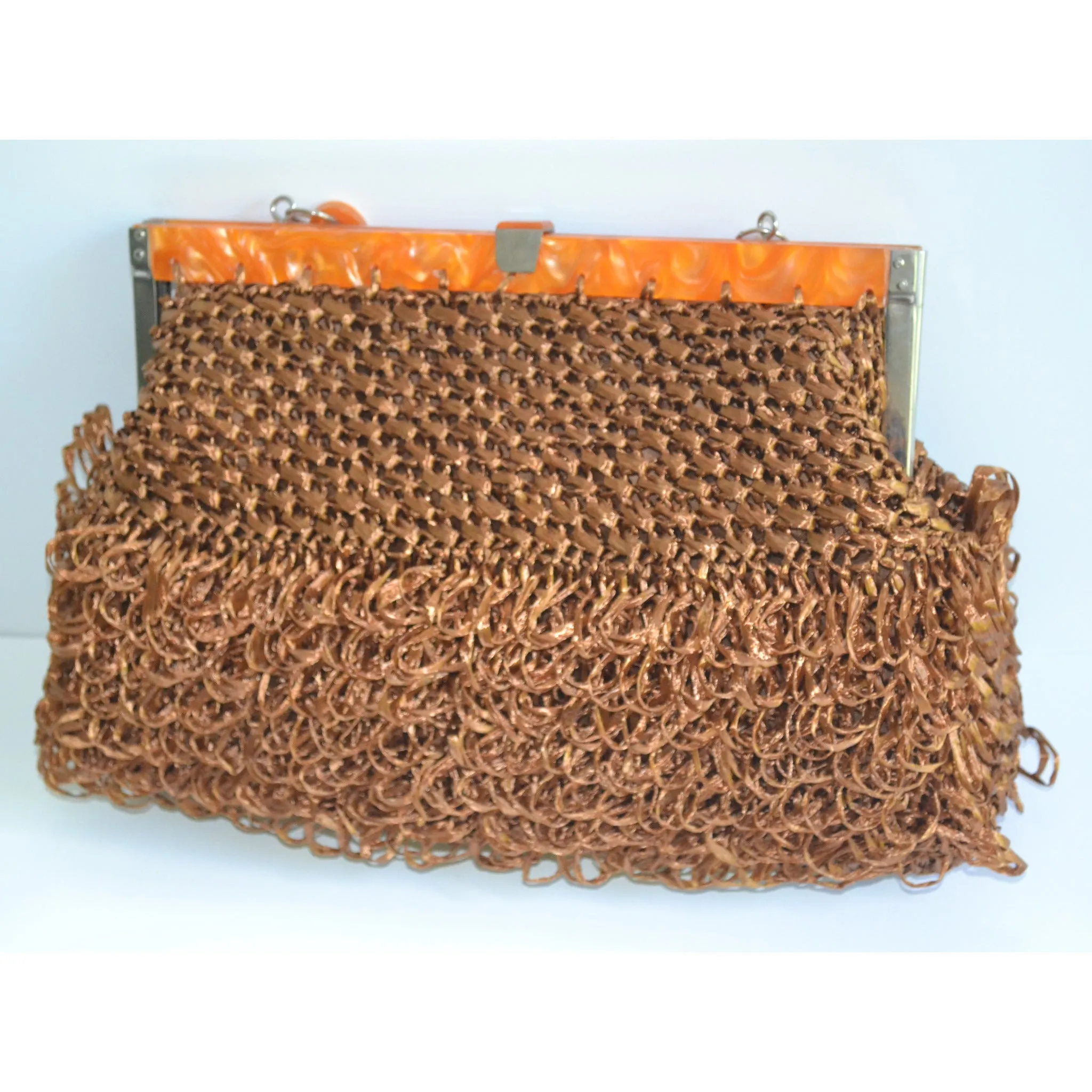 Brown Lucite Trimmed Synthetic Straw Purse