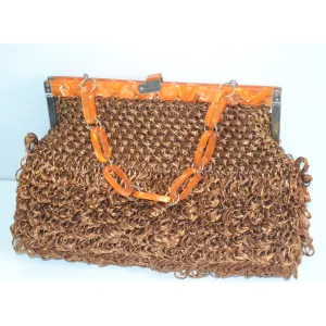Brown Lucite Trimmed Synthetic Straw Purse