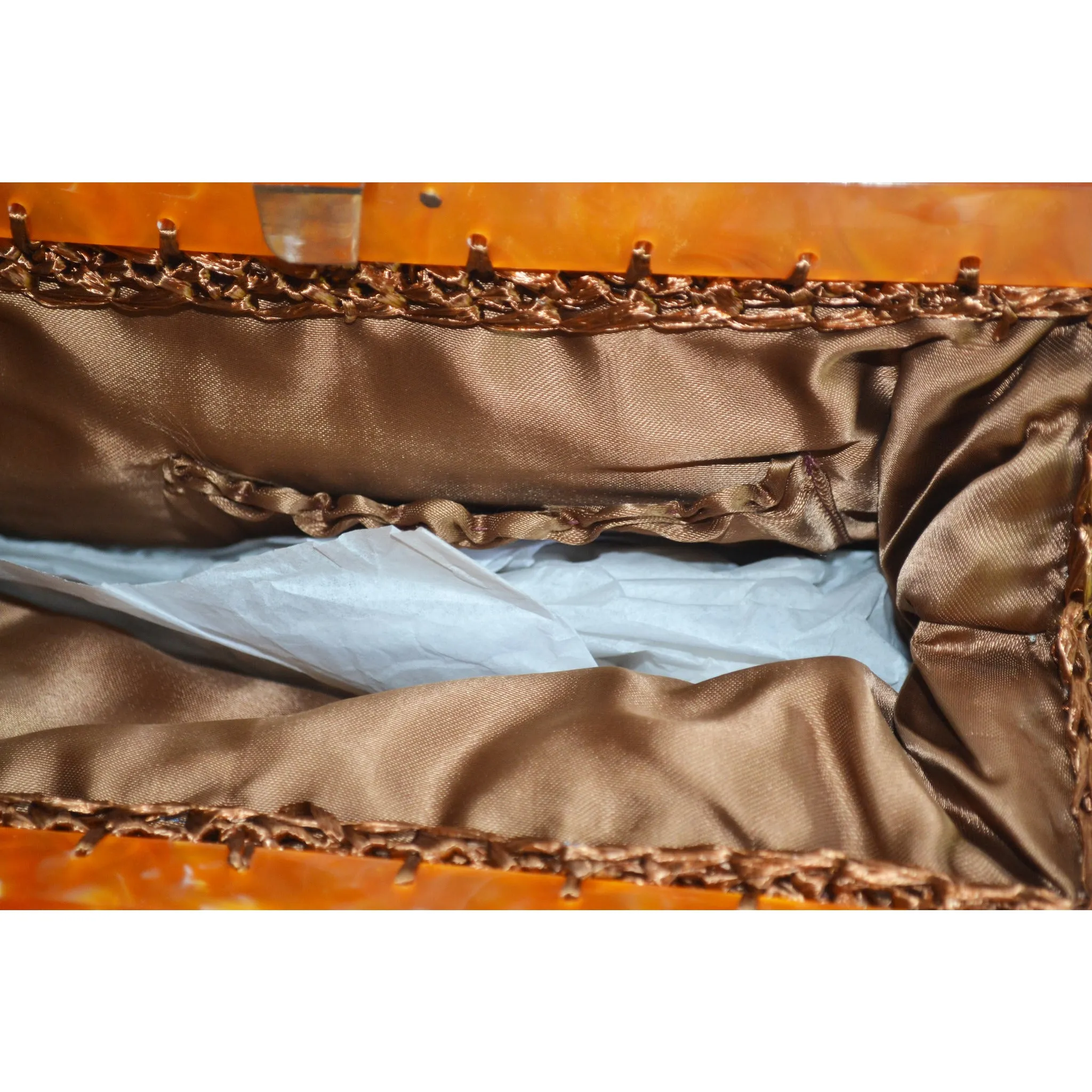 Brown Lucite Trimmed Synthetic Straw Purse