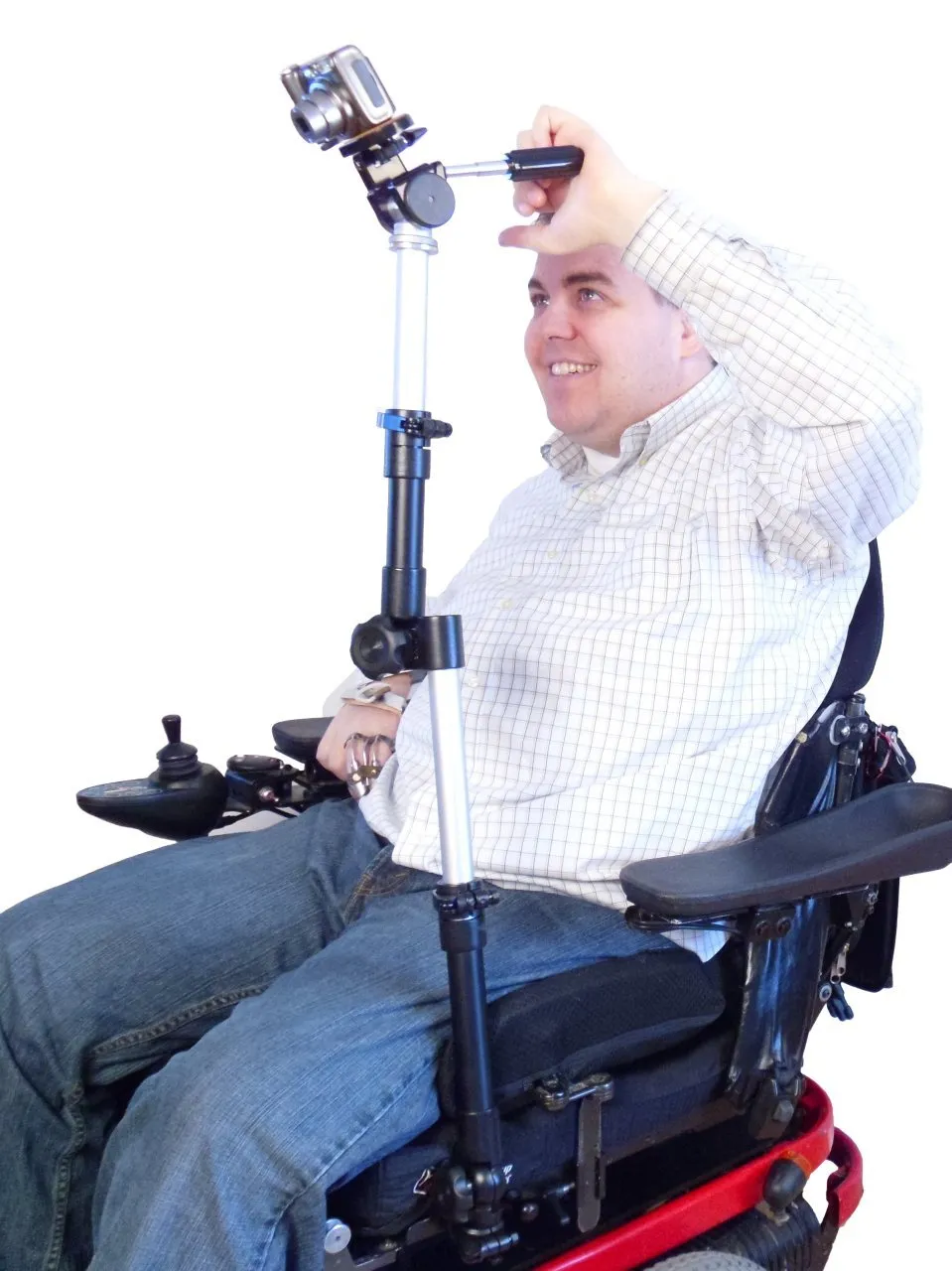 Camera Motorized Pan & Tilt Tripod Head with Choice of Adaptive Joystick Controls on Robo Arm Wheelchair Mount Bundle