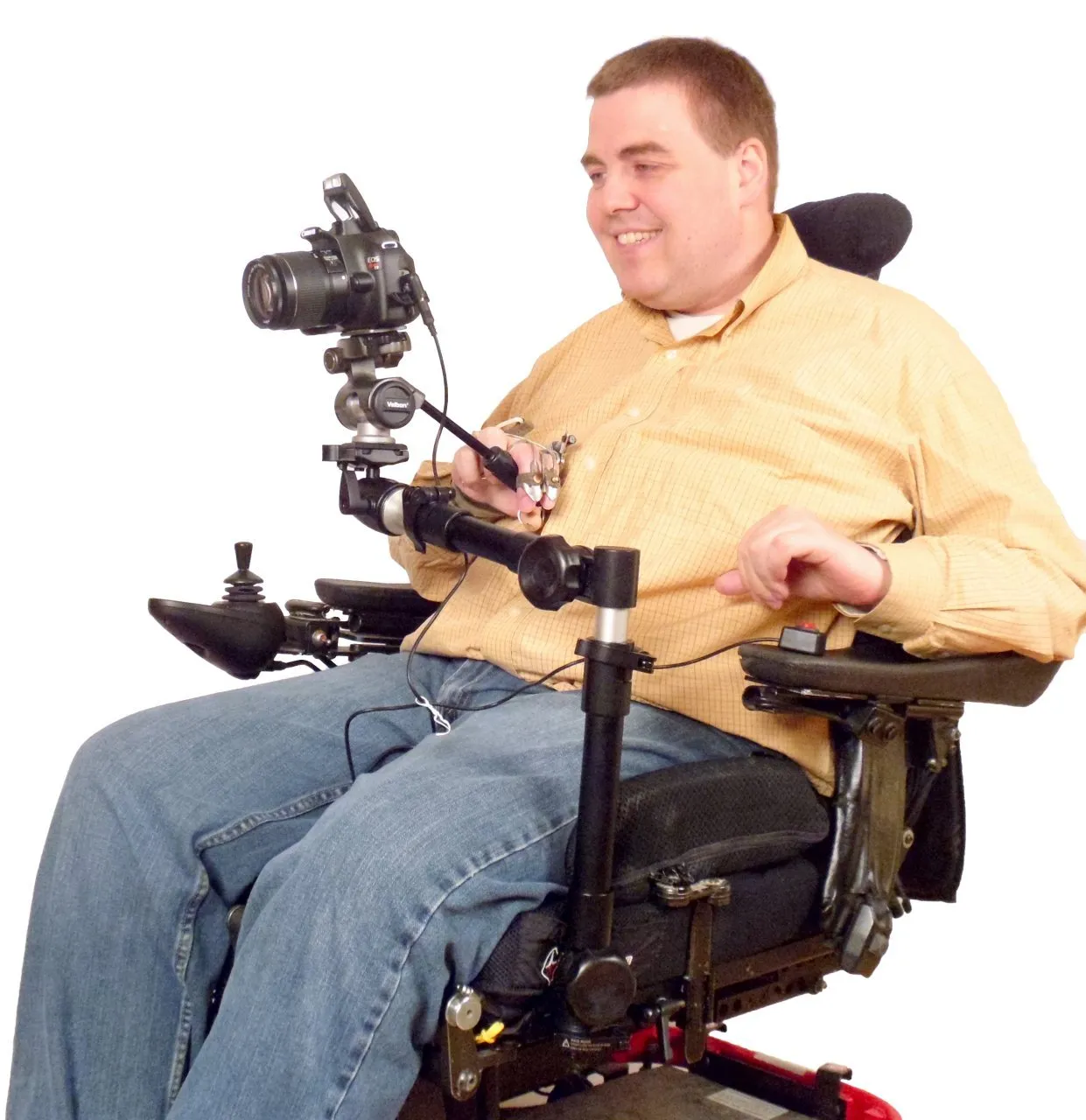 Camera Motorized Pan & Tilt Tripod Head with Choice of Adaptive Joystick Controls on Robo Arm Wheelchair Mount Bundle