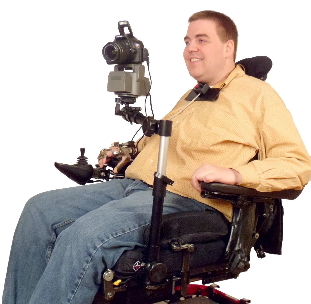 Camera Motorized Pan & Tilt Tripod Head with Choice of Adaptive Joystick Controls on Robo Arm Wheelchair Mount Bundle