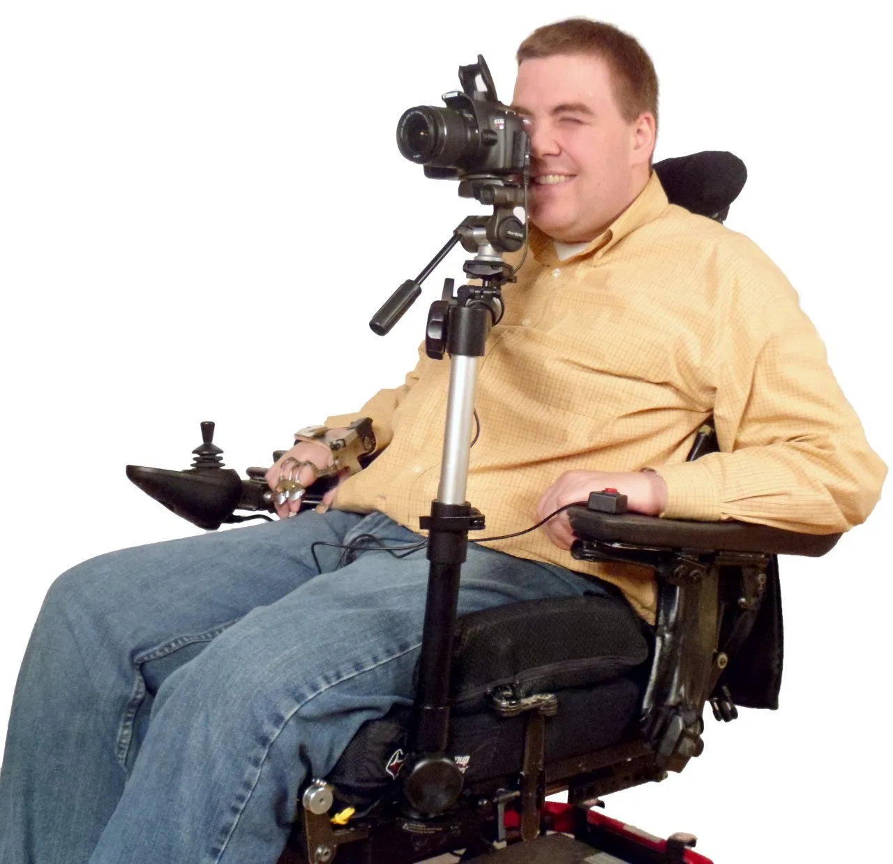 Camera Motorized Pan & Tilt Tripod Head with Choice of Adaptive Joystick Controls on Robo Arm Wheelchair Mount Bundle