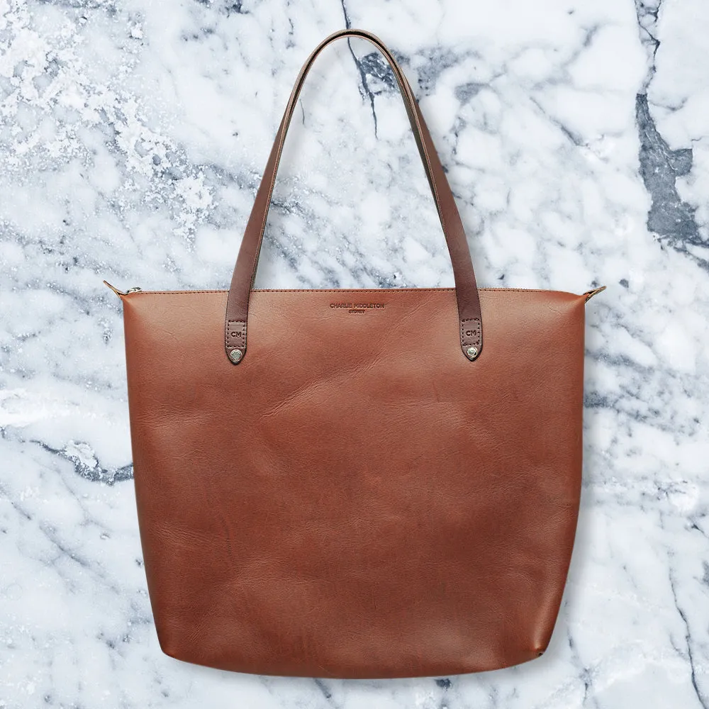 Charlie Middleton Bespoke Zippered Tote, Cognac