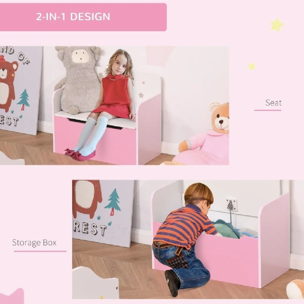 Children’s 2-in-1 Toy Box and Seat | Slow Release Safety Hinge | White & Pink | 3 Years 