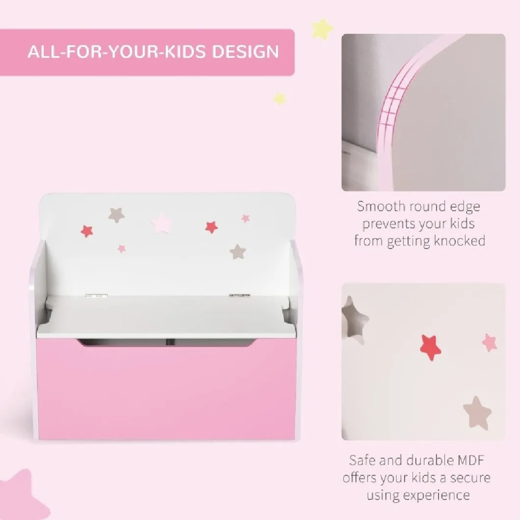 Children’s 2-in-1 Toy Box and Seat | Slow Release Safety Hinge | White & Pink | 3 Years 
