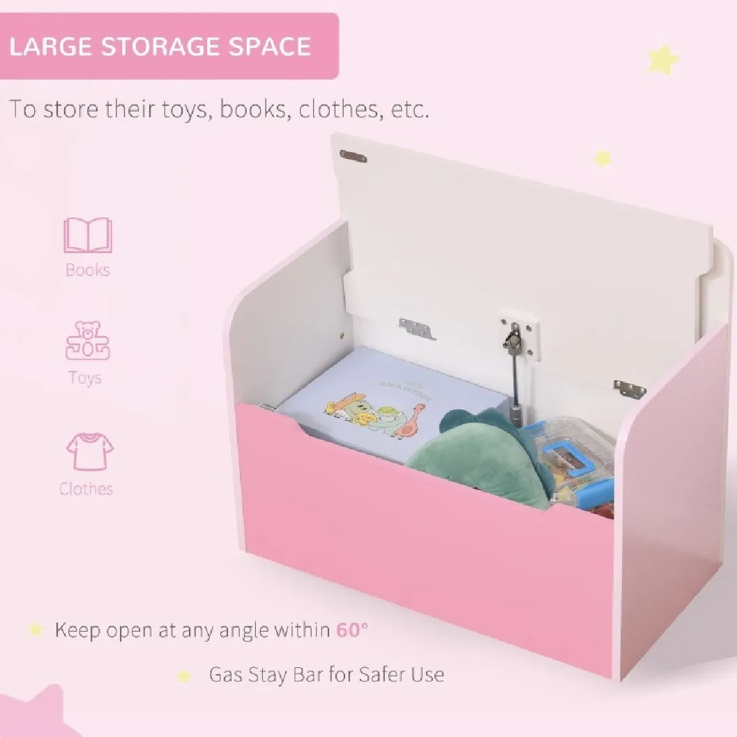 Children’s 2-in-1 Toy Box and Seat | Slow Release Safety Hinge | White & Pink | 3 Years 