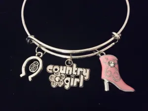 Country Girl Charm Bracelet Pink Cowboy Boot Adjustable Expandable Silver Bangle Horseshoe Ladybug One Size Fits All Gift