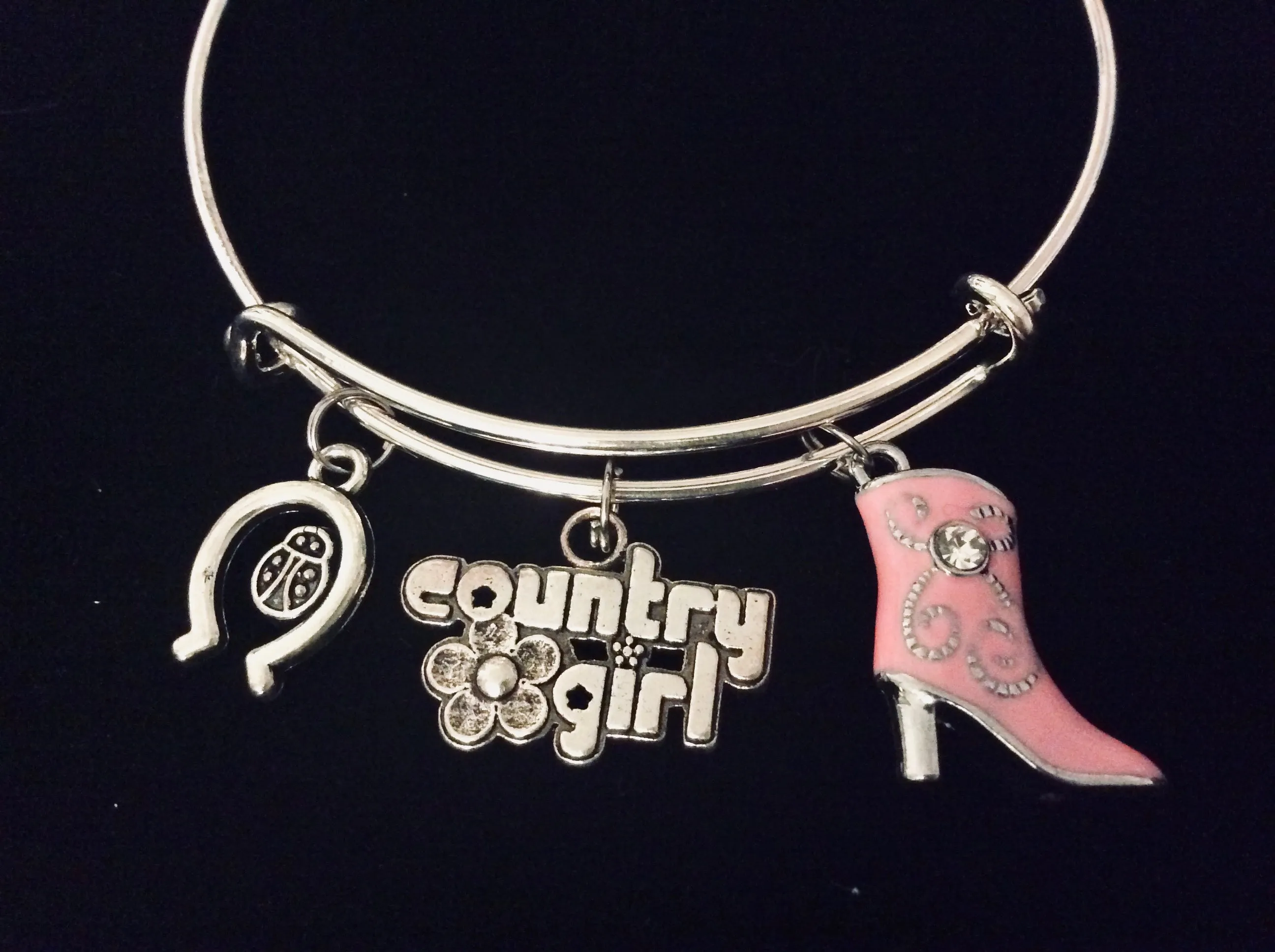 Country Girl Charm Bracelet Pink Cowboy Boot Adjustable Expandable Silver Bangle Horseshoe Ladybug One Size Fits All Gift