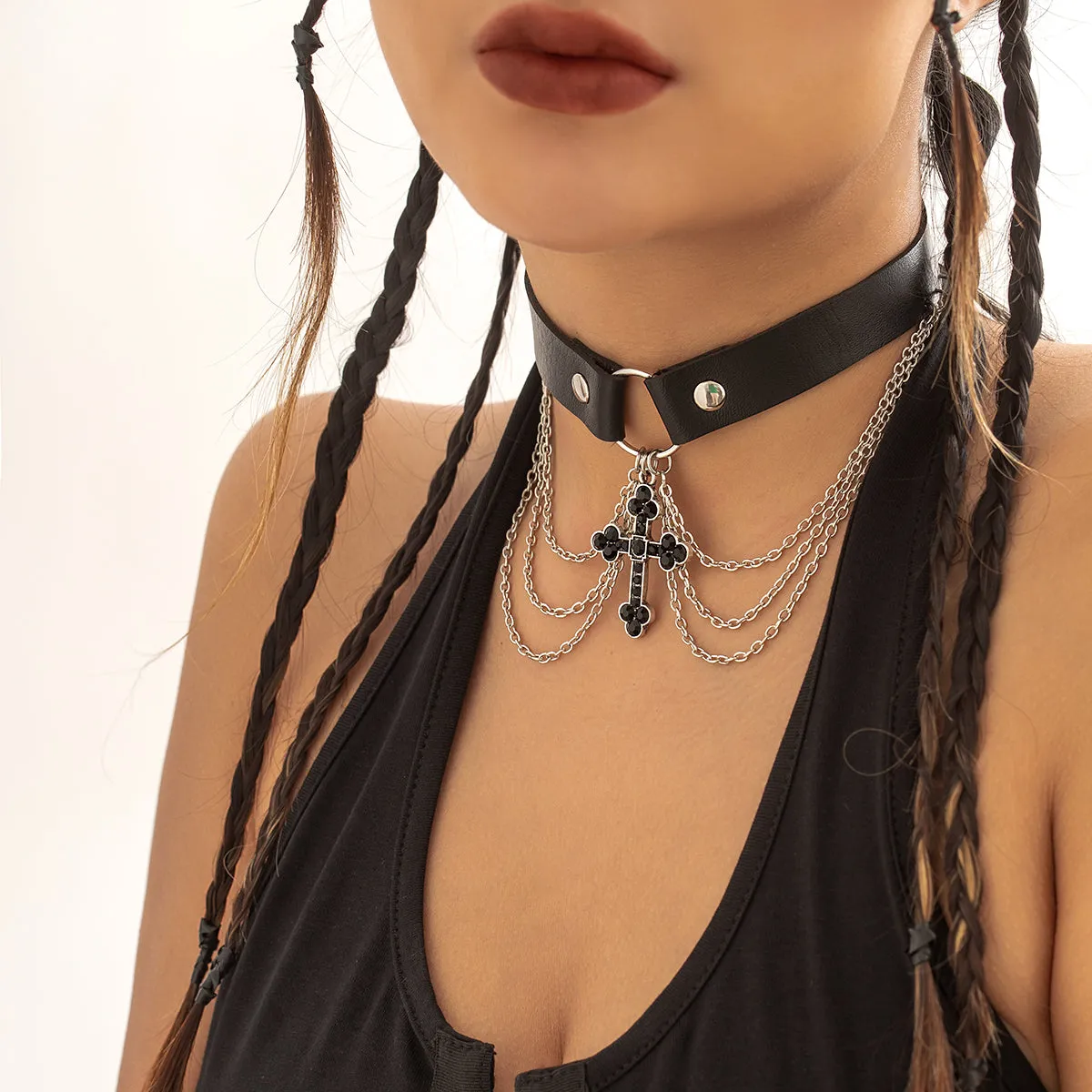 Cubic Zirconia & Polystyrene Silver-Plated Cross Layered Choker