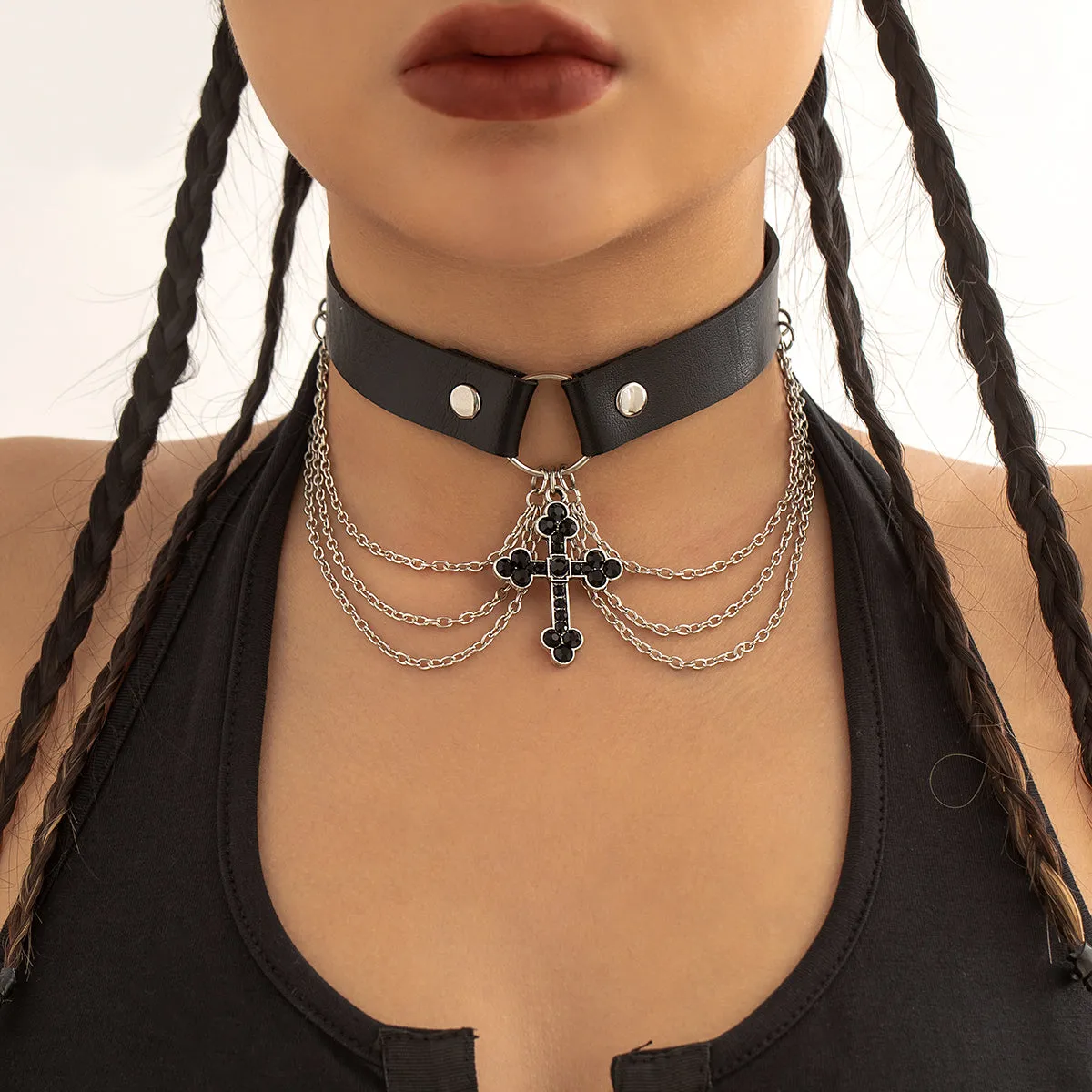 Cubic Zirconia & Polystyrene Silver-Plated Cross Layered Choker