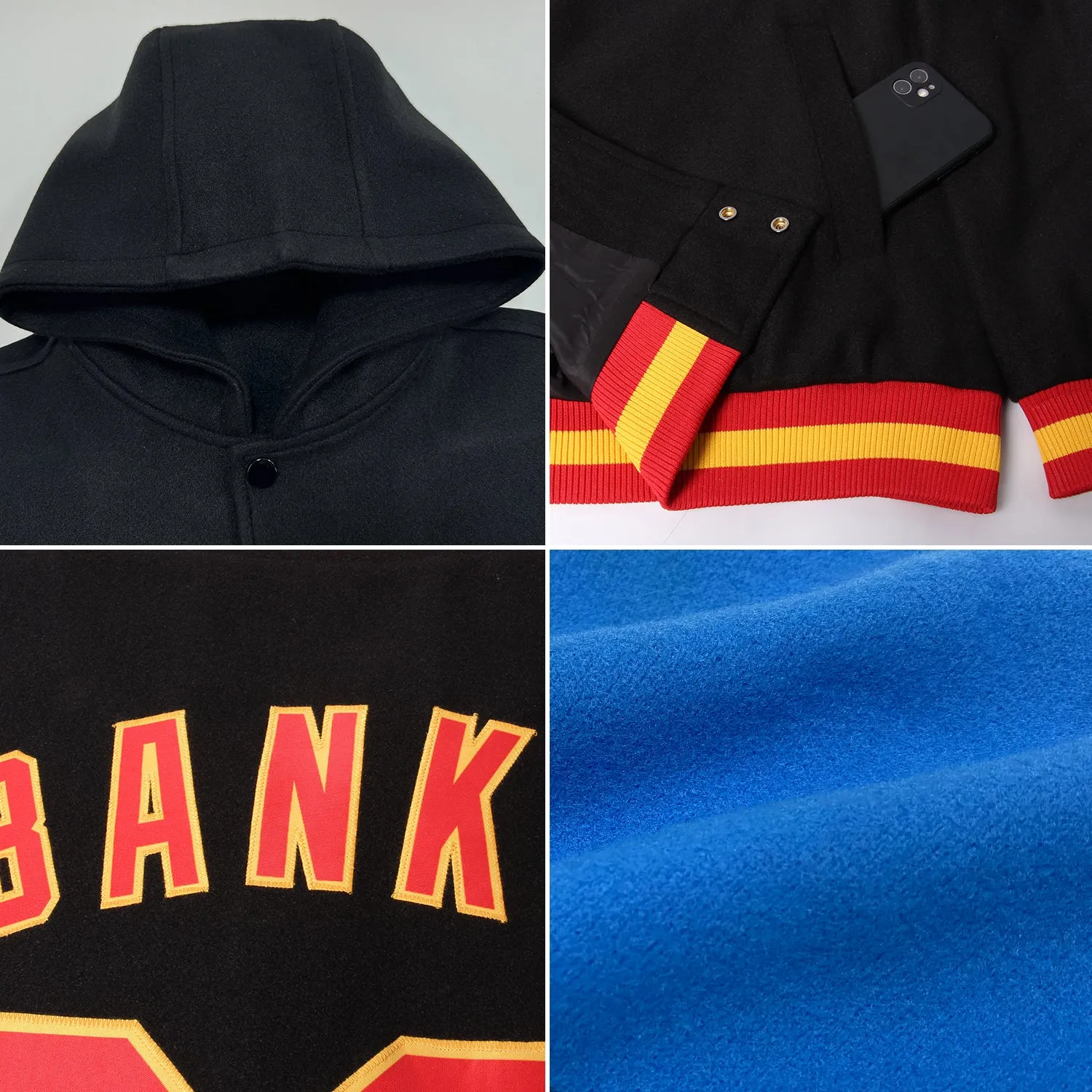 Custom Powder Blue Neon Green-White Bomber Full-Snap Varsity Letterman Hoodie Jacket
