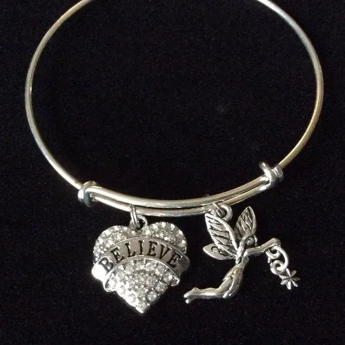 Do You Believe Crystal Heart with Fairy Expandable Charm Bracelet Gift Silver Adjustable Bangle One Size fits all Unique Fun Trendy Meaningful