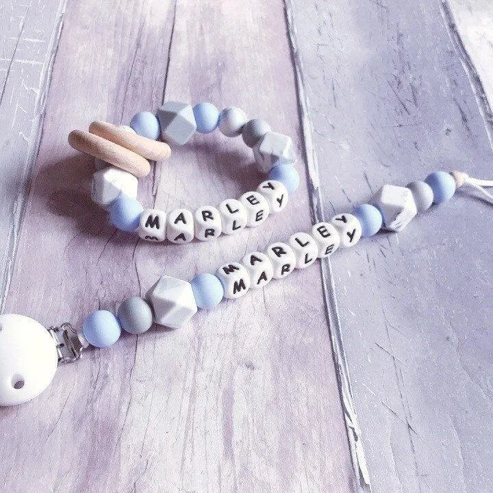 Dummy Clip and Teether Set - Baby Blue/Grey