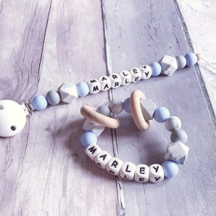 Dummy Clip and Teether Set - Baby Blue/Grey