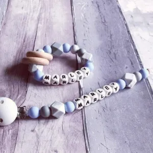 Dummy Clip and Teether Set - Baby Blue/Grey