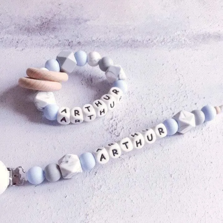 Dummy Clip and Teether Set - Baby Blue/Grey