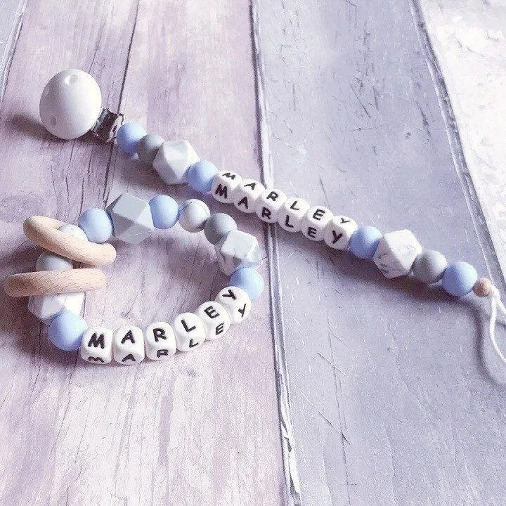 Dummy Clip and Teether Set - Baby Blue/Grey