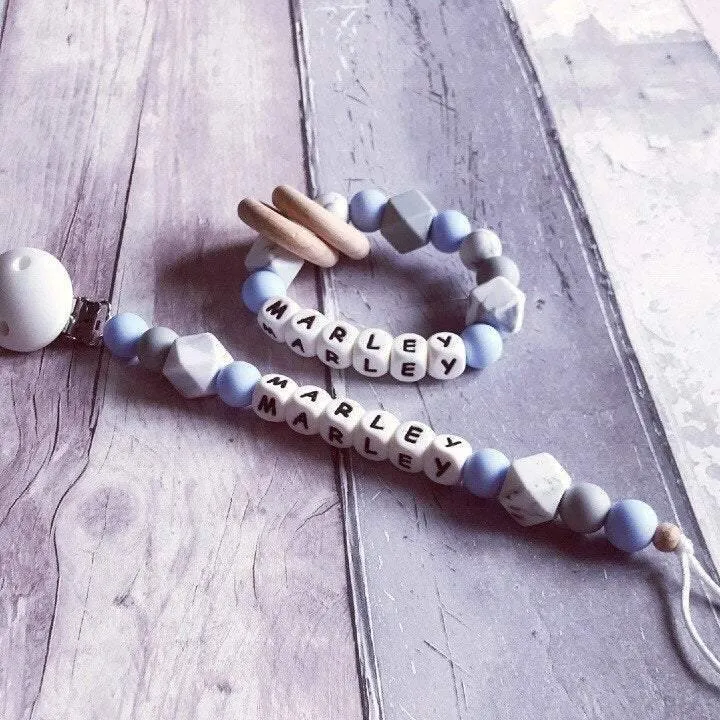 Dummy Clip and Teether Set - Baby Blue/Grey