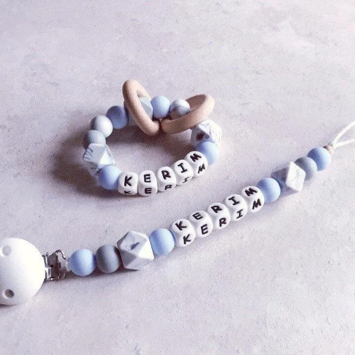 Dummy Clip and Teether Set - Baby Blue/Grey