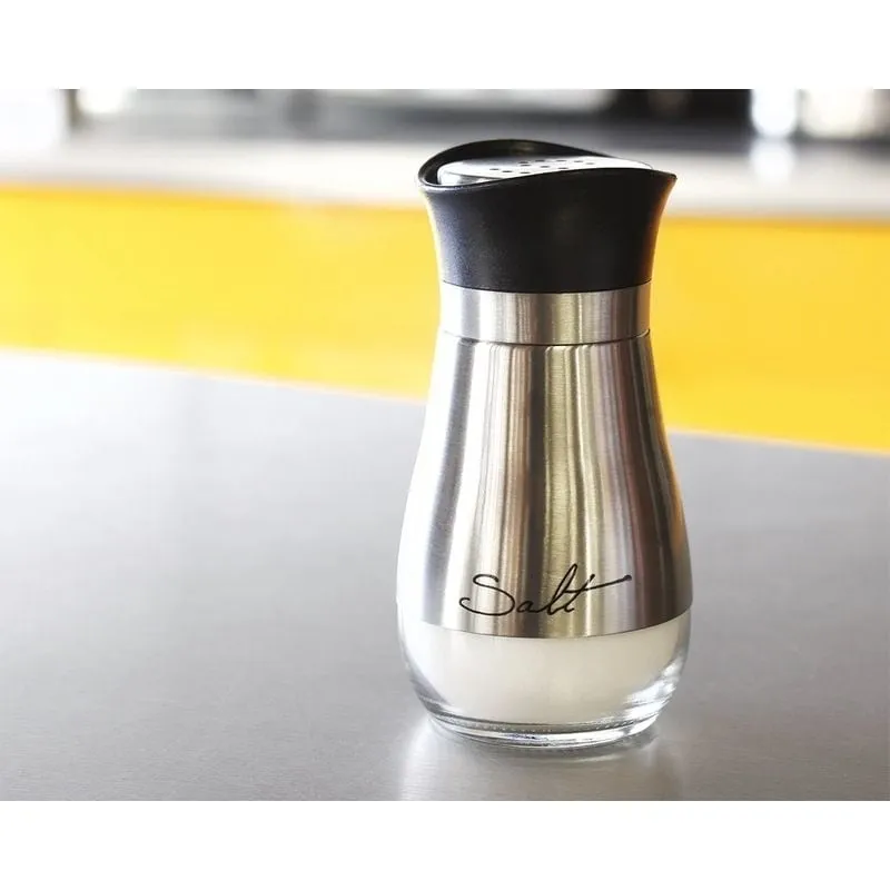 Elegant BPA Free Salt Pepper Shakers Stainless Steel Glass Set with Stand, 4oz