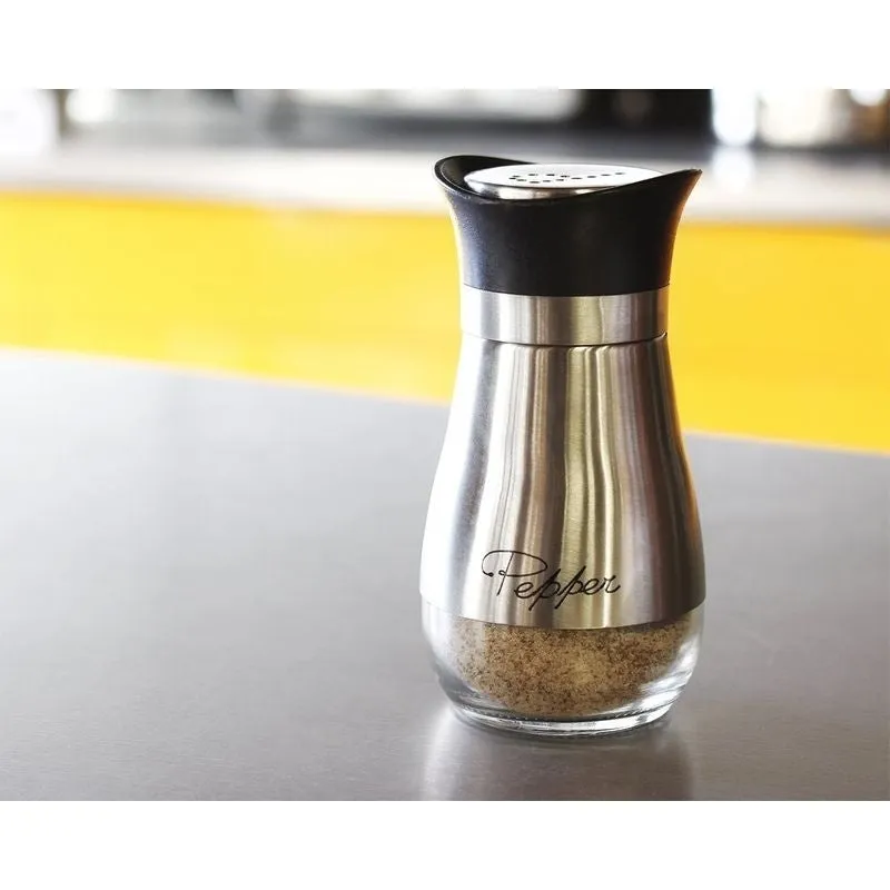 Elegant BPA Free Salt Pepper Shakers Stainless Steel Glass Set with Stand, 4oz