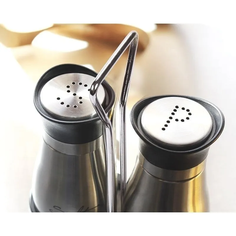 Elegant BPA Free Salt Pepper Shakers Stainless Steel Glass Set with Stand, 4oz