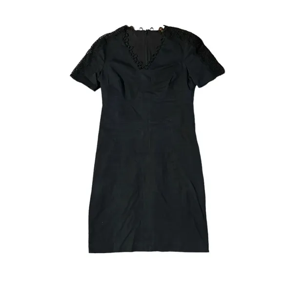 Elie Tahari Women's Black Lace Trim V-Neck Zip Back Sleeveless Shift Dress SZ 6