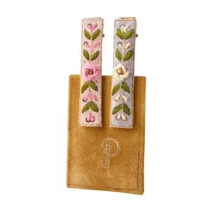Embroidered Hair Clips - Petal/Powder Blue Floral Vines