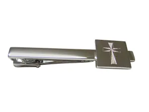 Etched Silver Toned Religious Cross Square Tie Clip