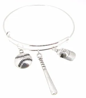 Expandable Bangle Bracelet  Baseball Cap Softball Bat Silver Plate