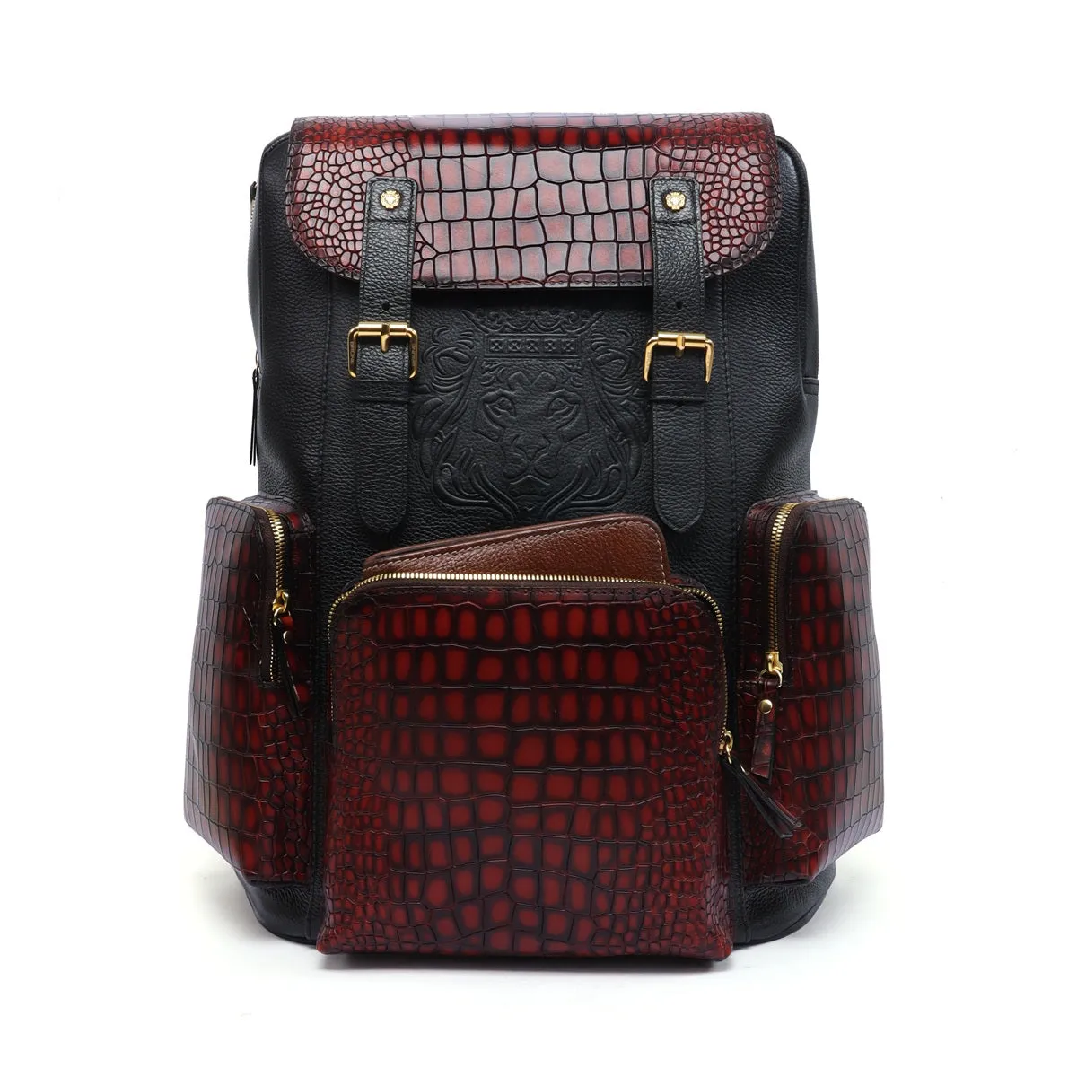 Flap-Over Smokey Backpack In Tan & Black Croco Textured Leather