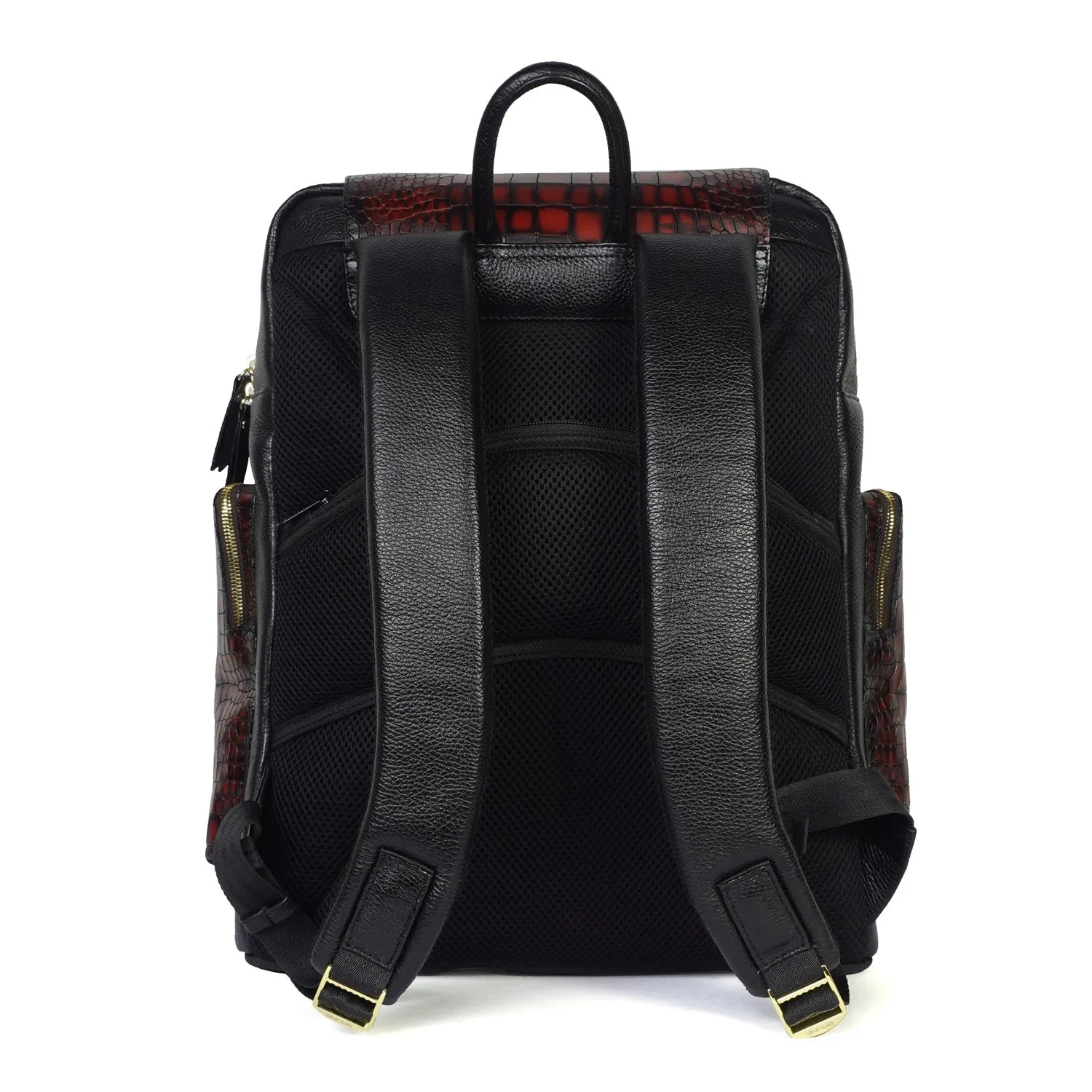 Flap-Over Smokey Backpack In Tan & Black Croco Textured Leather