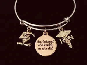 Gold Graduating RN Nurse She Believed Expandable Charm Bracelet Adjustable Bangle Gift
